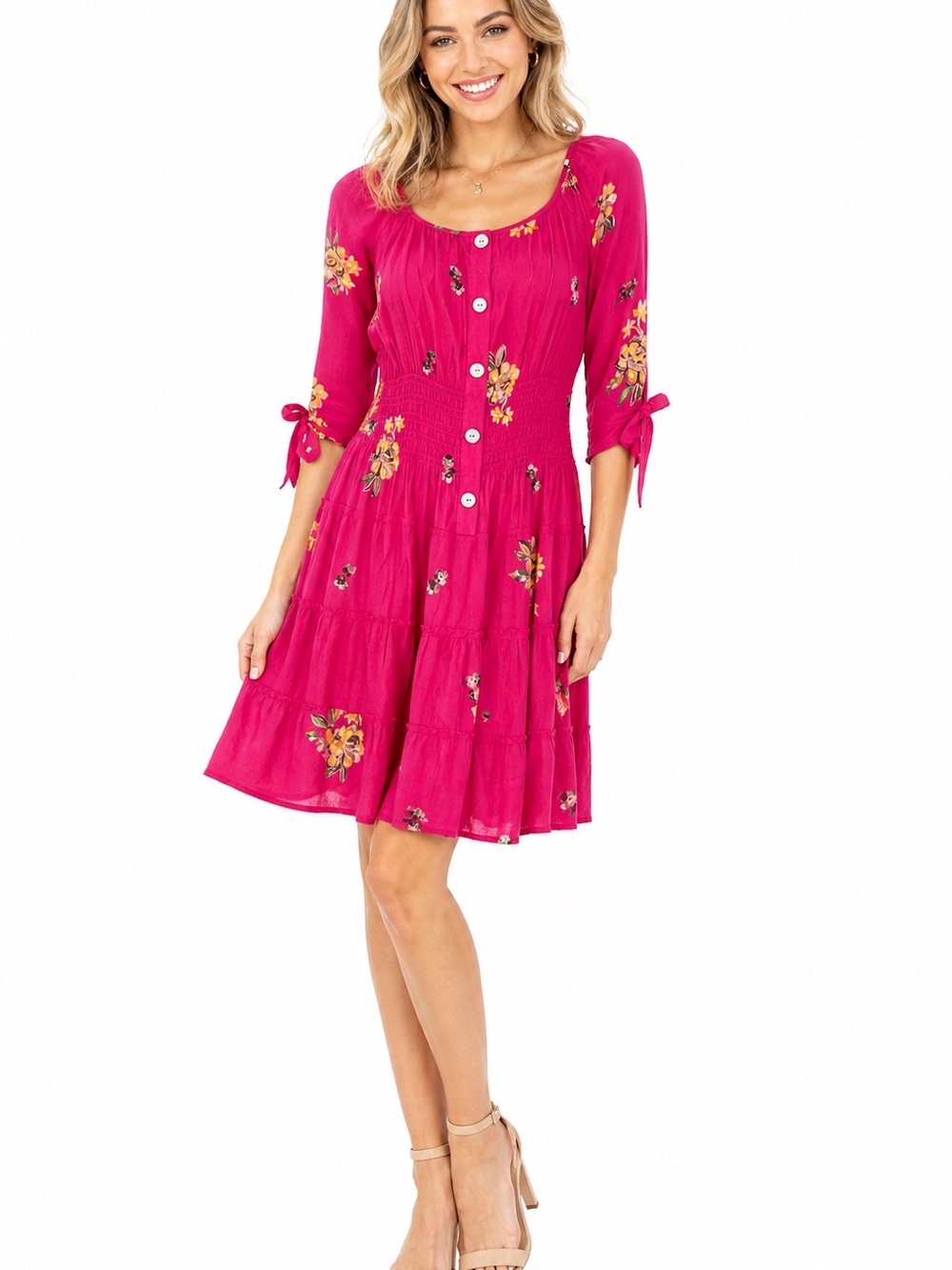 Bright Pink Floral Tiered Button-Front Mini Dress